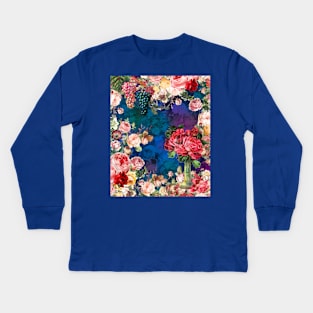 Elegant Vintage flowers and roses garden shabby chic, vintage botanical, pink floral pattern dark blue artwork over a T-Shirt Kids Long Sleeve T-Shirt